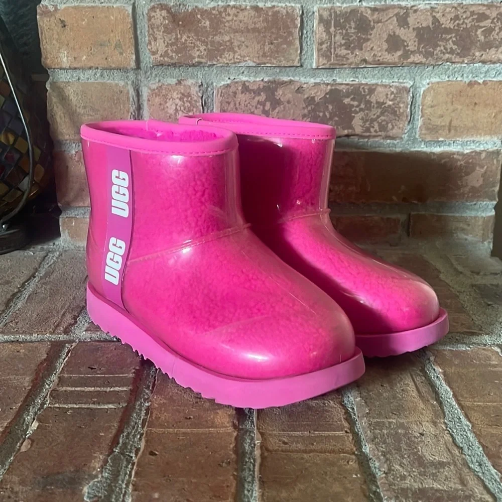 UGG Waterproof Classic Clear Mini Taffy Pink Sheepskin Fur Lined Boots